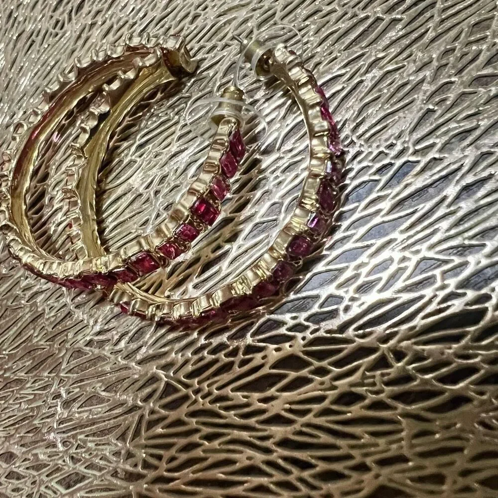 New Hot Pink Baguette Hoops gold plated 1.5 inch
